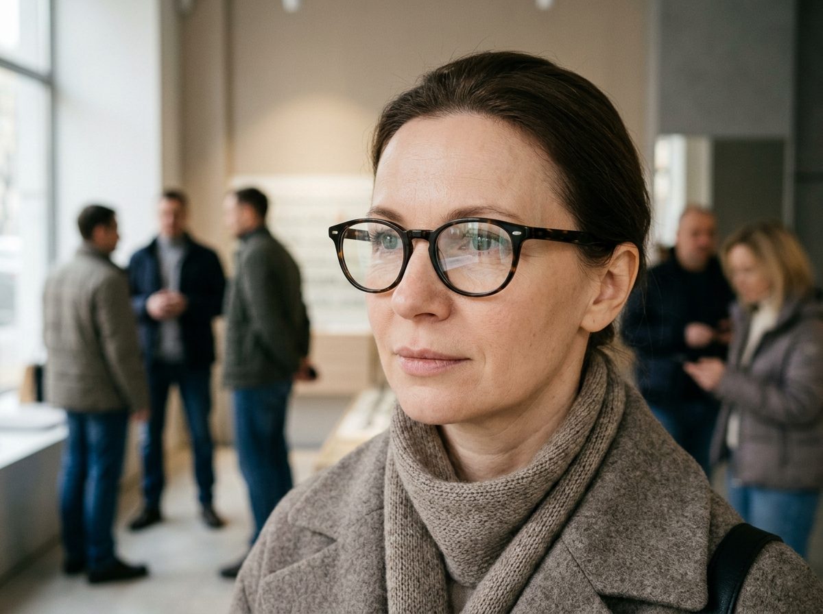 Женщина примеряет компактную темную оправу в светлом салоне оптики