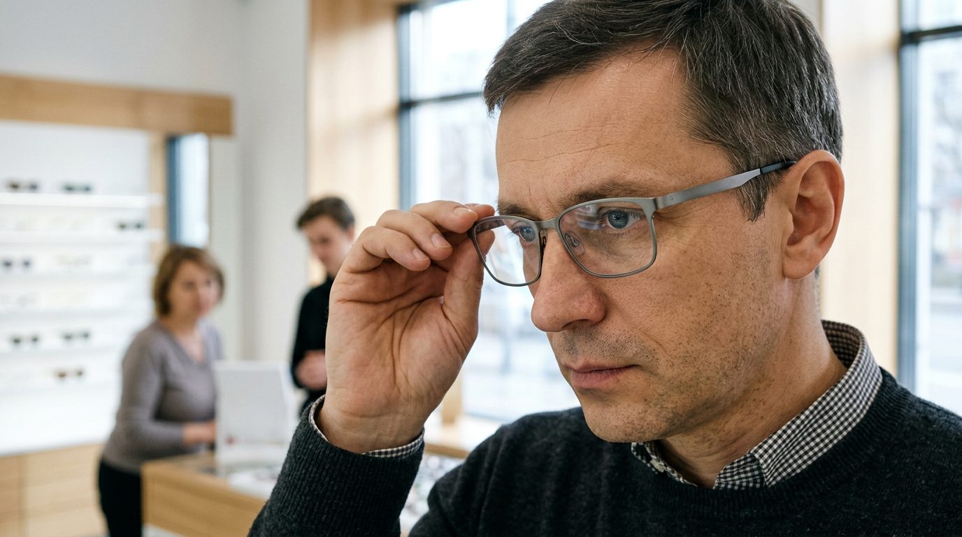Мужчина примеряет лёгкую титановую оправу среднего размера