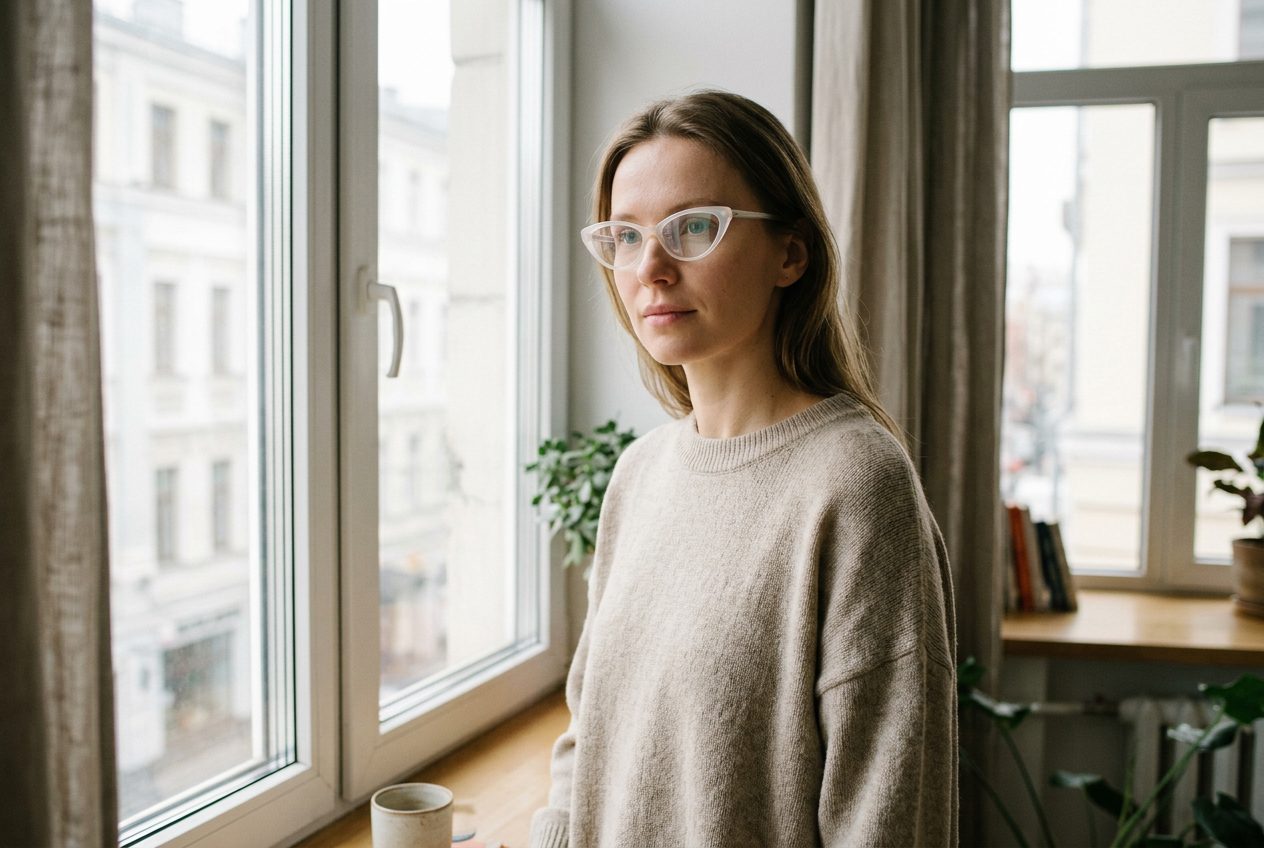 Женщина в тонких вытянутых очках cat-eye у окна