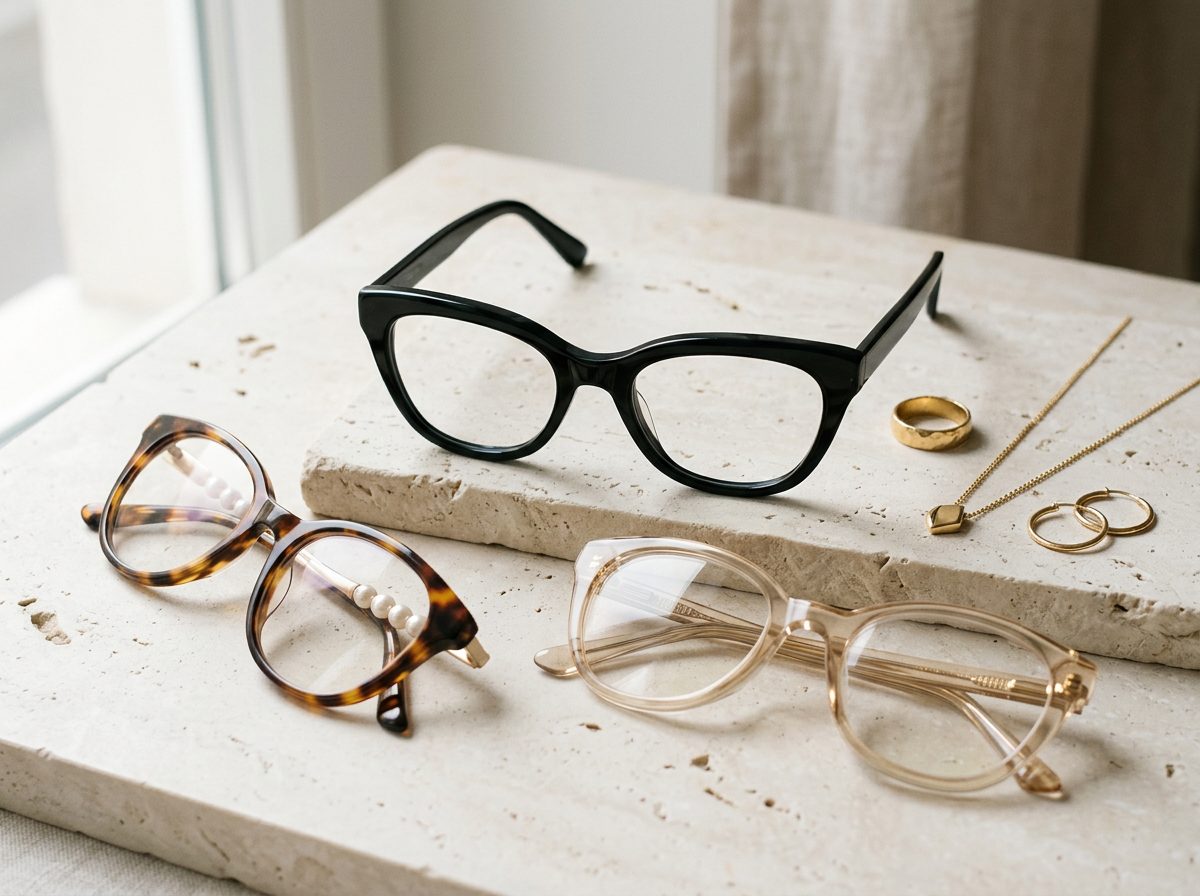 Несколько оправ cat-eye с жемчужными, металлическими и глянцевыми деталями