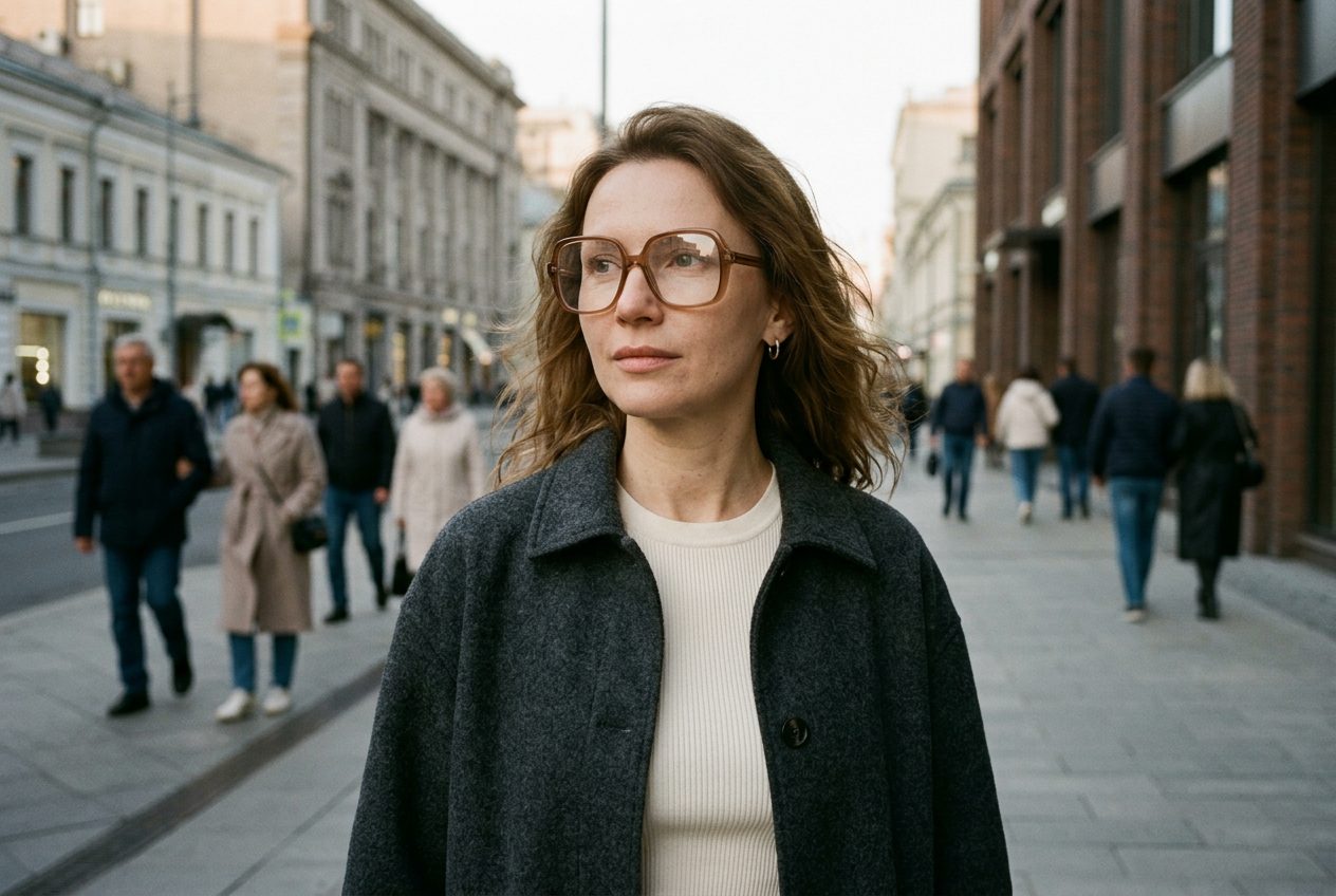 Женщина в крупной квадратной оправе тёплого коричневого оттенка