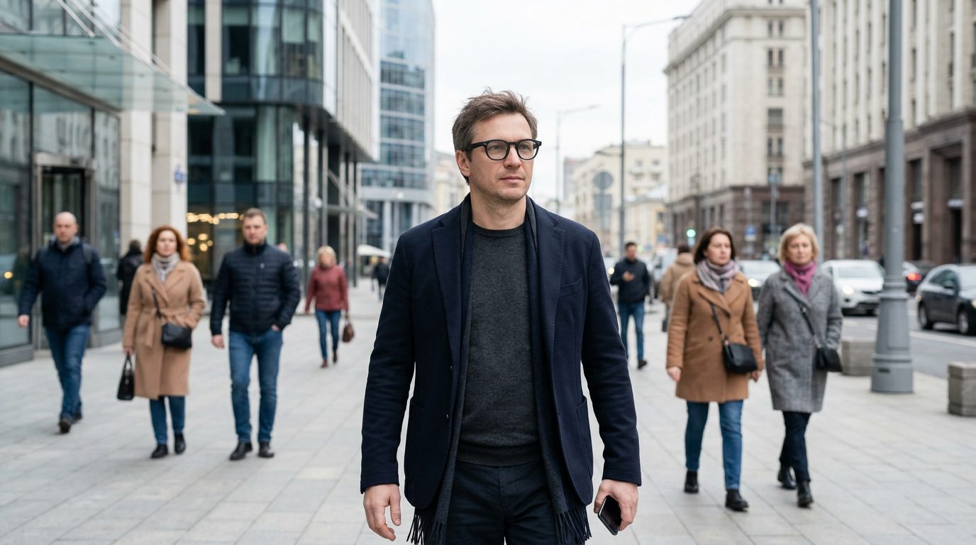 Мужчина в умных очках идёт по современной городской улице